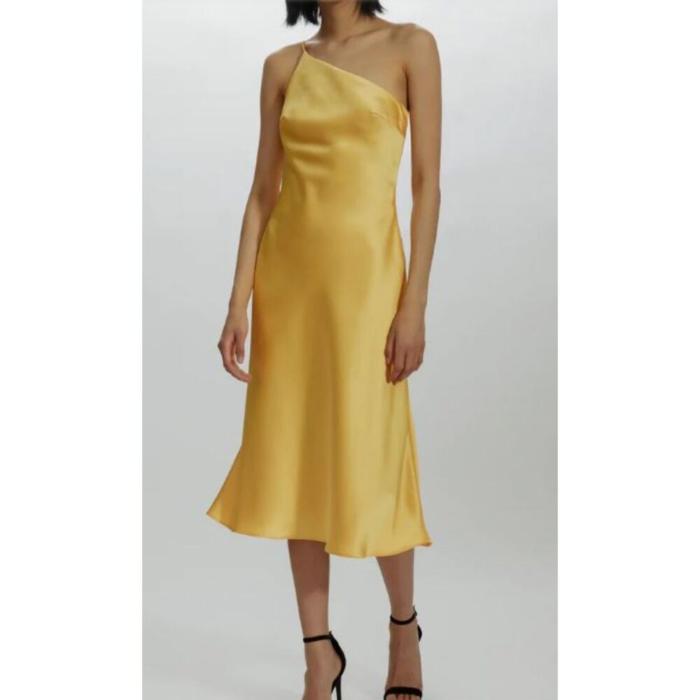 Satin One Shoulder Midi Dress is Vibrant Marigold Amsale